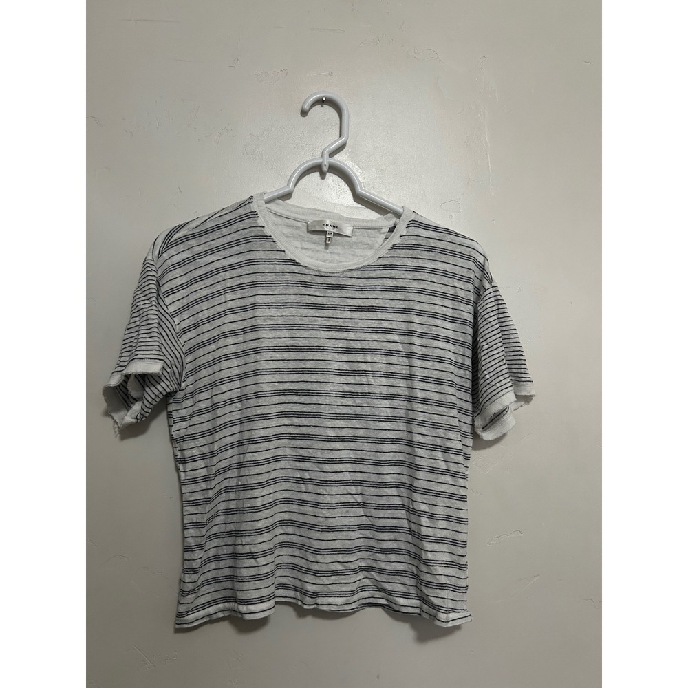 FRAME Women White Navy Striped Linen Blend Short Sleeve Crew Neck Tee Small